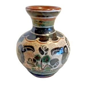 Mexican Tonala Mini Vase Redware Birds Roses Trees Folk Art 2.5 in